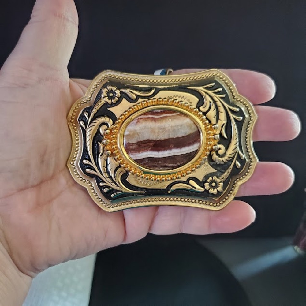 Western Belt Buckle Banded Agate Jasper Stone Gold Tone Floral Scroll Cowboy